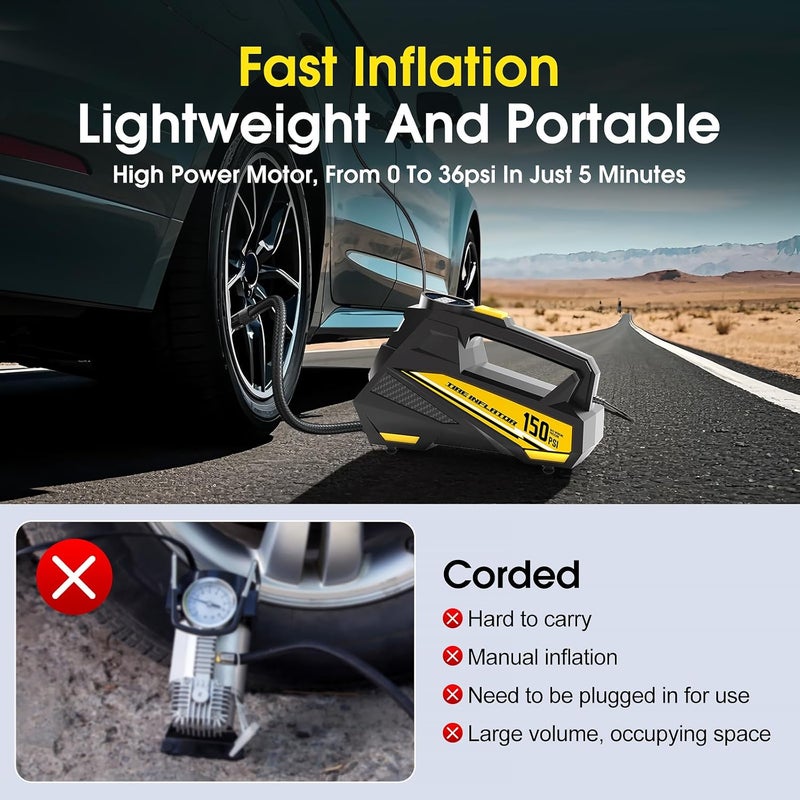 FLYKID Tire Inflator Portable Air Compressor- 12V DC Air Pump for Car Tires with 150PSI LCD Digital Gauge & Emergency LED Light,Auto Tire Pump for Cars,Motorcycles,Bikes,Balls - Image 2